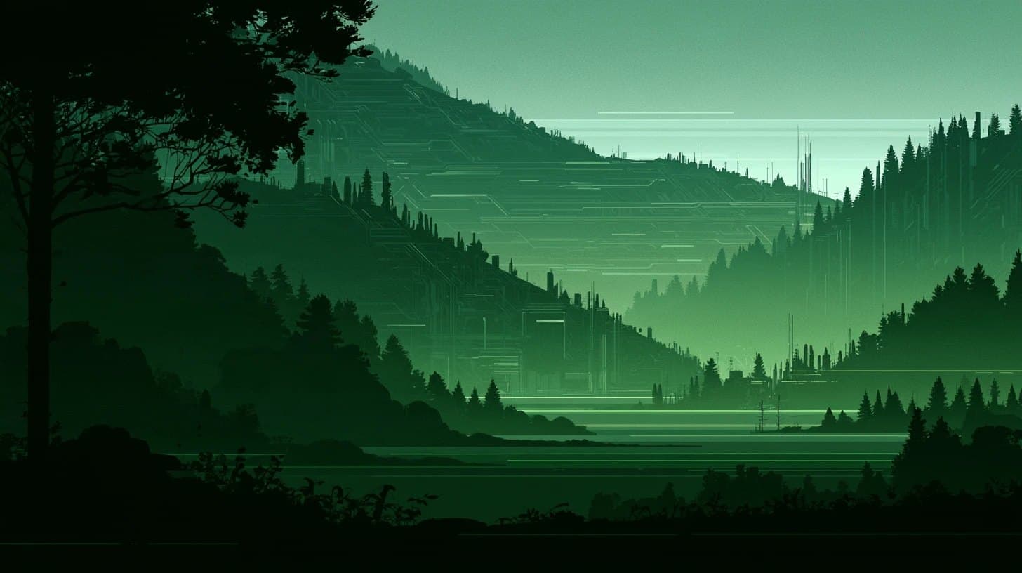 A forested valley at dusk with circuit traces woven into the hillside, representing inference close to the communities it serves