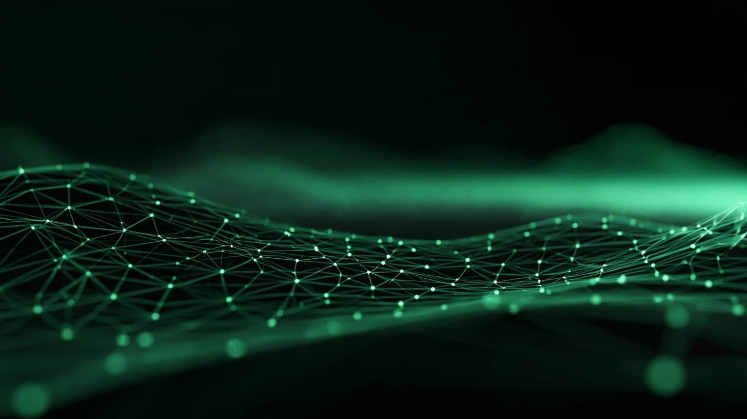 A wave of interconnected nodes flowing through darkness, representing agent traffic across the network
