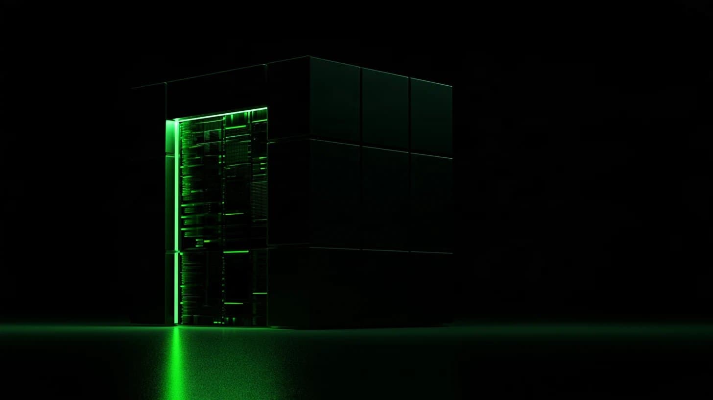 A dark server cube opening to reveal illuminated green circuitry, representing the next stage of the network
